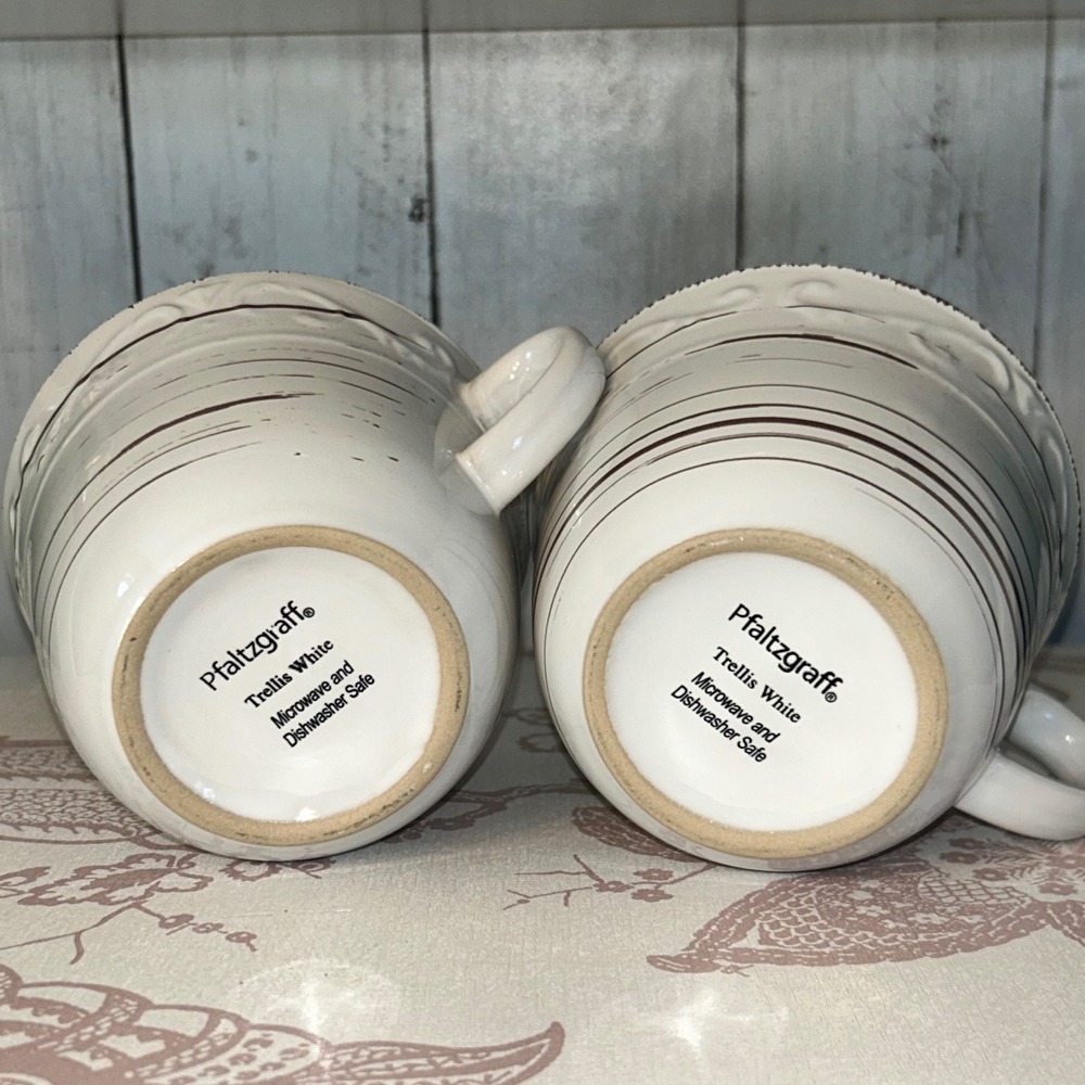 Pfaltzgraff Trellis White Coffee Mugs Set of 2 Farmhouse Stoneware Cups 3.5in - Picture 3 of 5